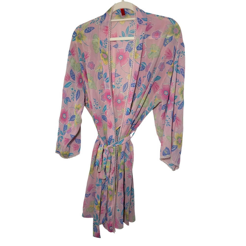 Josie Natori Pink Floral Sheer Robe Lace Trim Belted Kimono Duster Sz M/L